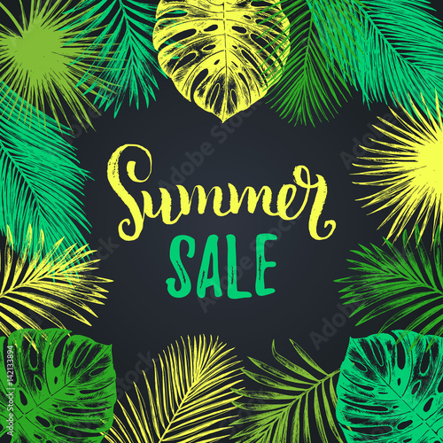 Summer sale vector background. Discount card with tropic plants illustration.Special offer flyer in jungle foliage frame © vladayoung