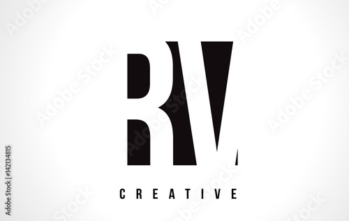 RV R V White Letter Logo Design with Black Square.