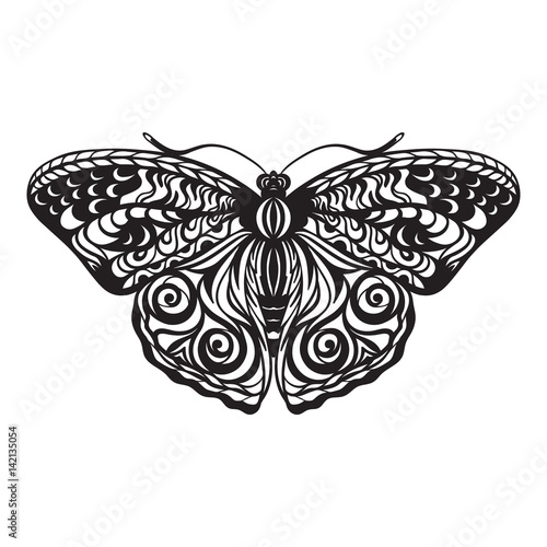 Butterfly black vector. Pattern on the wings. Laser cutting.