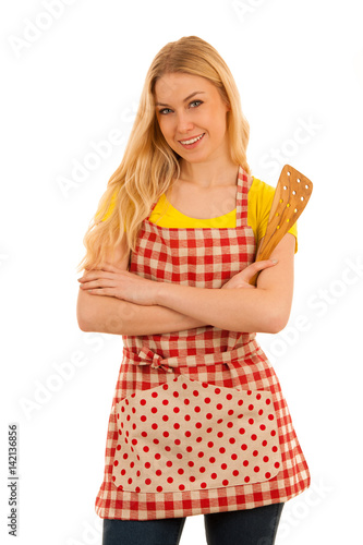 Young woman cook isolated over white background