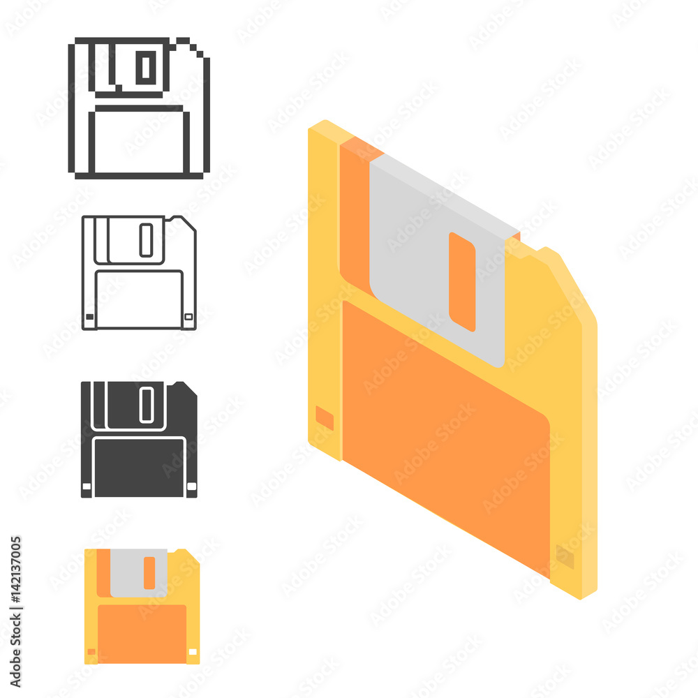 Set retro floppy disk isometric, line and pixel icon Set retro floppy disk isometric, line and pixel icon
