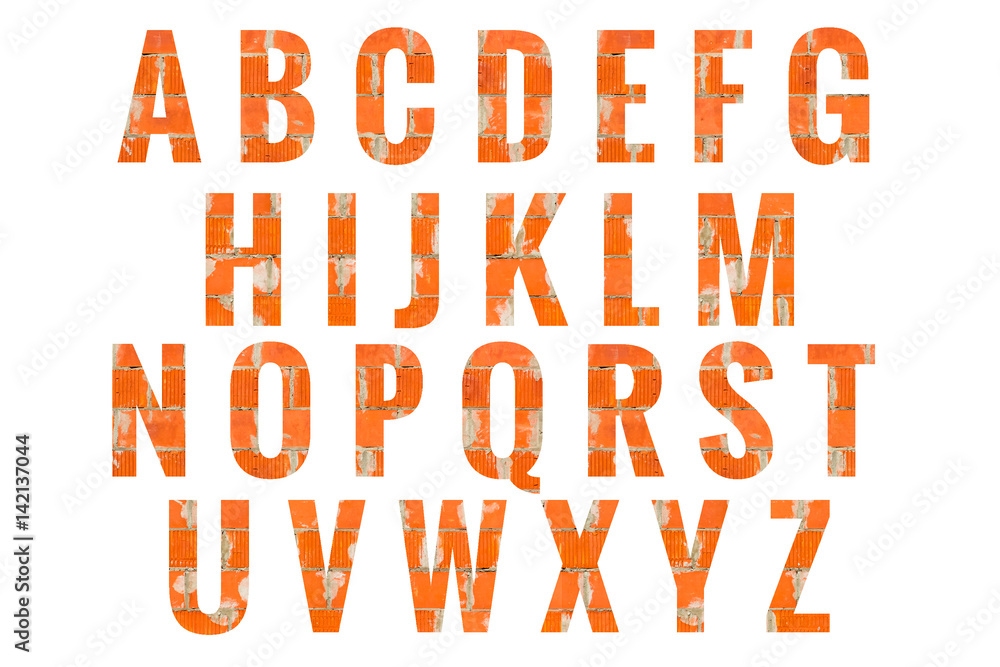 Abc Red Brick Wall Alphabet letters isolated on white background. Design - element. Abc Red Brick Wall Alphabet letters isolated on white background. Design - element.