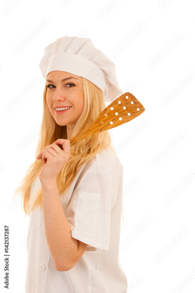 young blonde chef woamn holds kitchenware as she prepares to cook a meal isolated over white background young blonde chef woamn holds kitchenware as she prepares to cook a meal isolated over white background