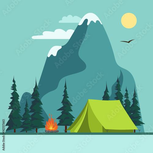 Camping Adventure, bonfire fire and tent, vector