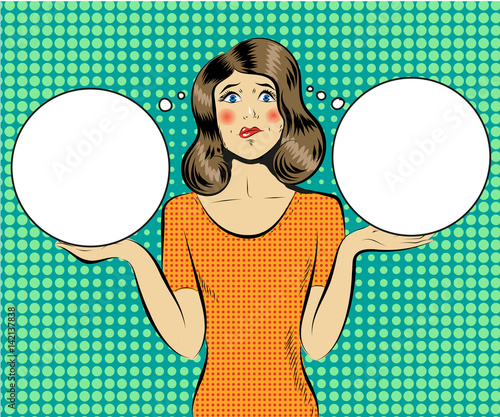 Pop Art Young Beautiful Woman Thinking. Vector illustration