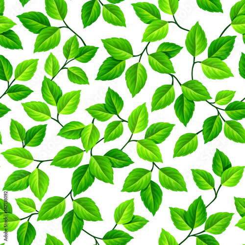 Vector seamless background with green leaves on white. © naddya