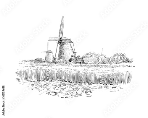 Scenic fields in the background windmills in Holland. Netherlands, Europe. Hand drawn vector illustration