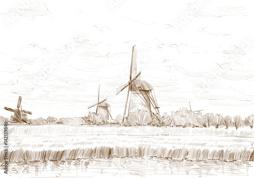 Scenic fields in the background windmills in Holland. Netherlands, Europe. Hand drawn vector illustration