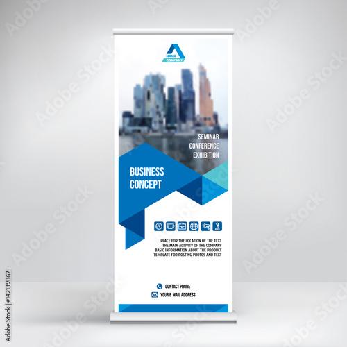 Banner roll-up design, business concept. Graphic template roll-up for 
exhibitions, banner for seminar, layout for placement of photos.
Universal stand for conference, promo banner vector.