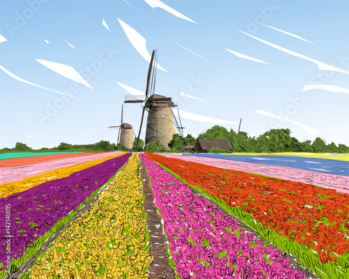 Scenic fields in the background windmills in Holland. Netherlands, Europe. Hand drawn vector illustration