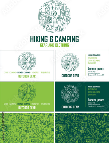 Vector hiking and camping gear visiting card. Business card set with abstract seamless background pattern. Corporate identity template with hiking and camping line icons logo.