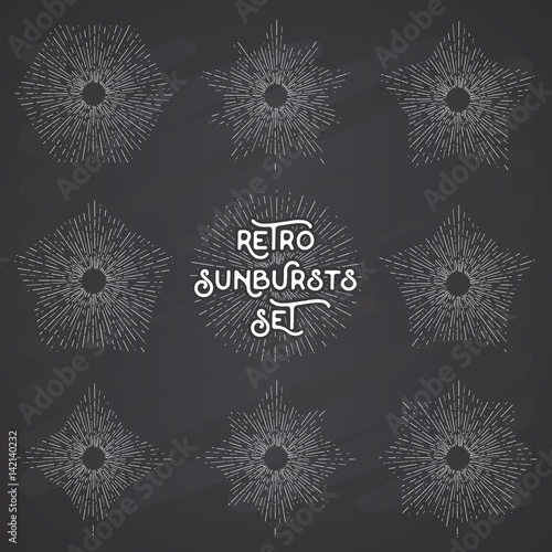 Retro sun bursts set, Vintage radiant sun rays shapes collection for logo, labels or emblems and typography decoration template vector Illustration on chalkboard background.
