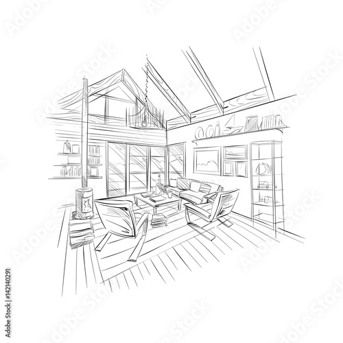 Hand drawn living room interior sketch design. Vector illustration