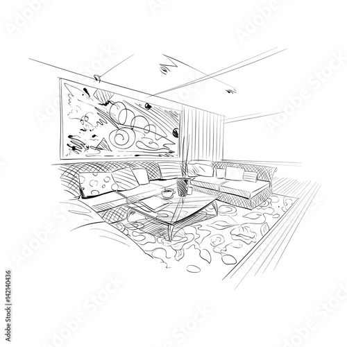 Hand drawn living room interior sketch design. Vector illustration