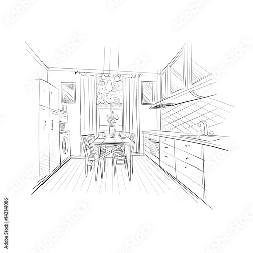 Hand drawn kitchen interior sketch design. Vector illustration