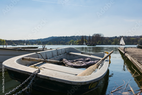 Dock Boat Sunny Lake Landscape Beautiful Idyllic Atmosphere Environment Blue Perspective Looking Out Reflection