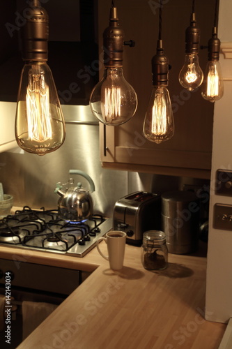 Making coffee with glowing filament Edison filament light bulbs