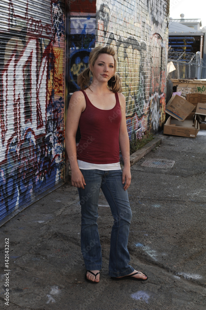 Beautiful Teen Woman in Alley with Graffiti