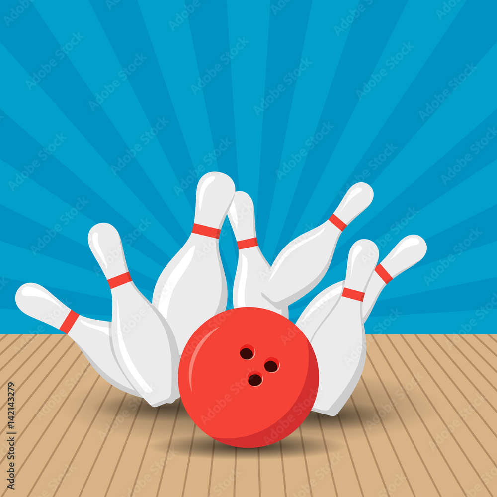 Poster games in the bowling club. Vector background design with strike at  alley ball skittles. Flat illustration. Stock-Vektorgrafik | Adobe Stock