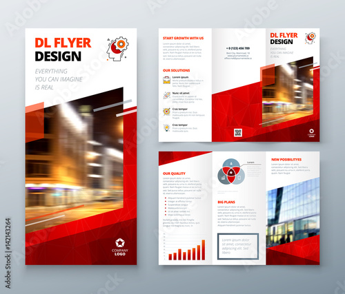 Tri fold brochure design. Red DL Corporate business template for try fold brochure or flyer. Layout with modern elements and abstract background. Creative concept folded flyer or brochure.