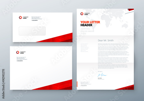 Envelope DL, C5, Letterhead. Red Corporate business template for envelope and letter. Layout with modern triangle elements and abstract background. Creative vector concept