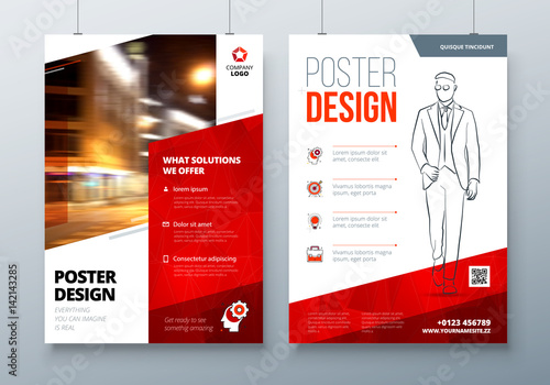 Poster design. A3, A2, A1. Red Corporate business template for poster, banner, placard, billboard, movie poster. Layout with modern elements and abstract triangle background. Creative vector concept