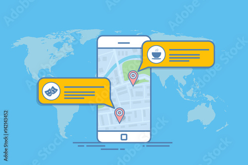 Concept of a mobile map or navigator. Pop-up dialog box with object description on the map. Thin line vector illustration.