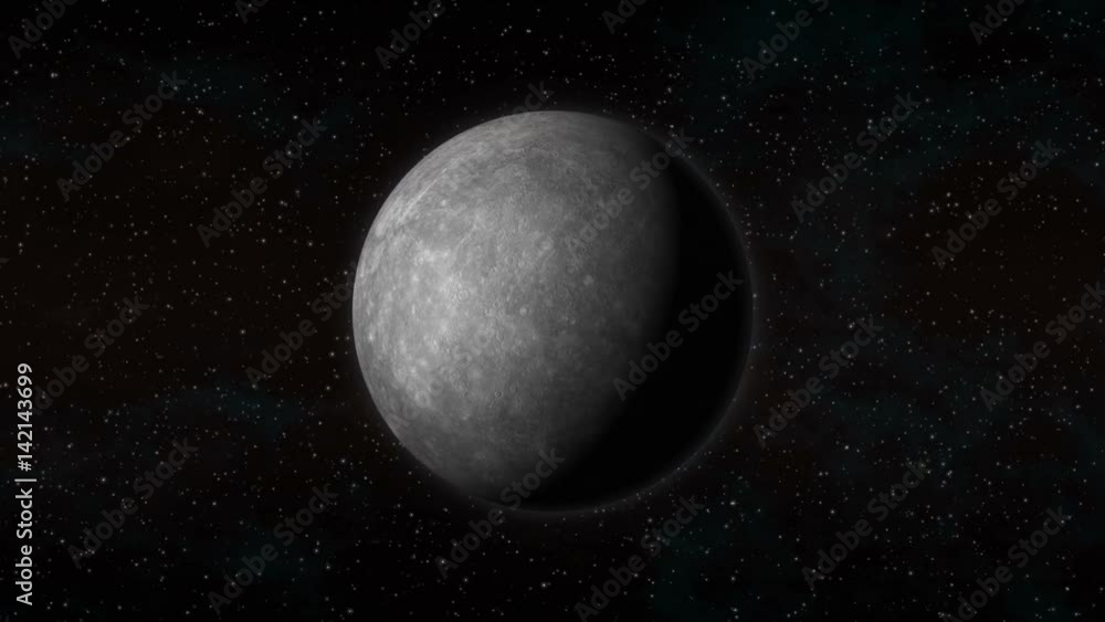 Planet Mercury in outer space, spinning around its axis with stars in the background. Seamlessly loopable computer generated animation. Mercury texture is public domain provided by NASA. Planet Mercury in outer space, spinning around its axis with stars in the background. Seamlessly loopable computer generated animation. Mercury texture is public domain provided by NASA.