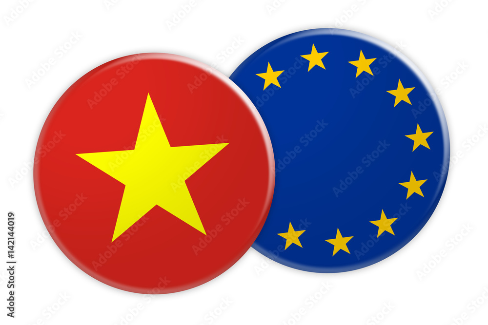 News Concept: Vietnam Flag Button On EU Flag Button, 3d illustration on white background News Concept: Vietnam Flag Button On EU Flag Button, 3d illustration on white background