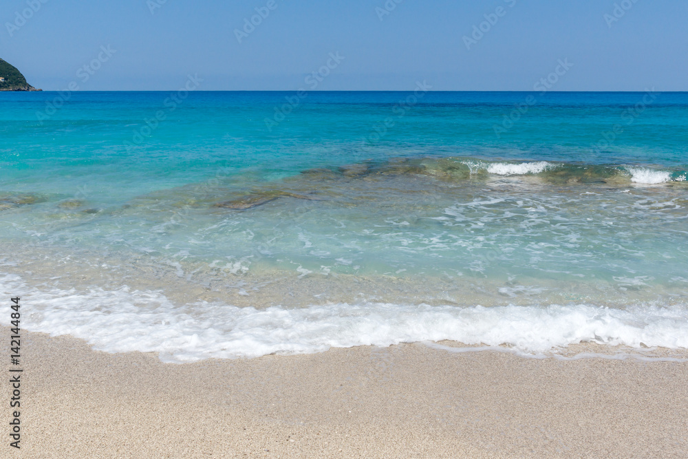 Panoramic view of Agios Ioanis beach with blue waters, Lefkada, Ionian Islands, Greece Panoramic view of Agios Ioanis beach with blue waters, Lefkada, Ionian Islands, Greece