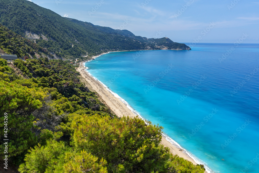 Panoramic view of Kokkinos Vrachos Beach with blue waters, Lefkada, Ionian Islands, Greece Panoramic view of Kokkinos Vrachos Beach with blue waters, Lefkada, Ionian Islands, Greece