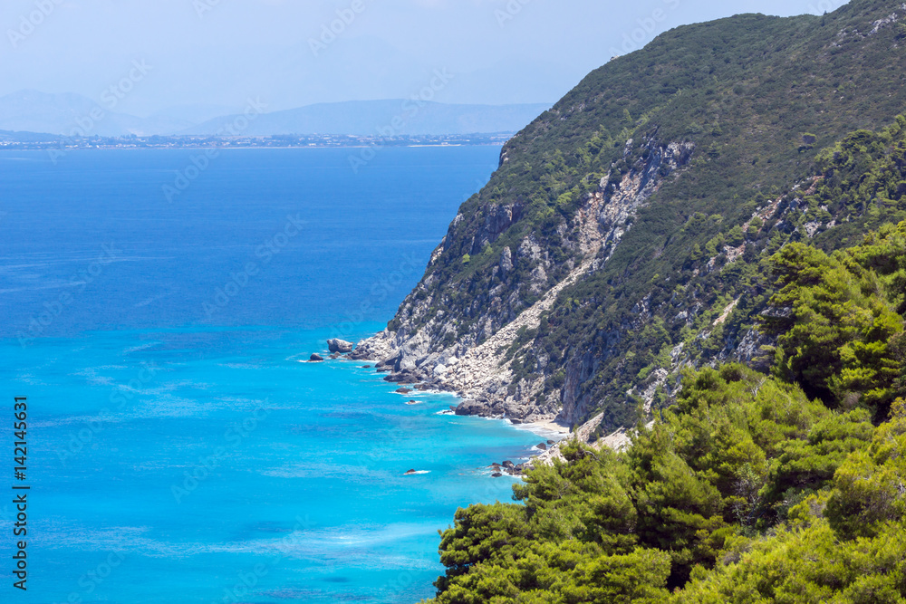 Panoramic view of Kokkinos Vrachos Beach with blue waters, Lefkada, Ionian Islands, Greece Panoramic view of Kokkinos Vrachos Beach with blue waters, Lefkada, Ionian Islands, Greece