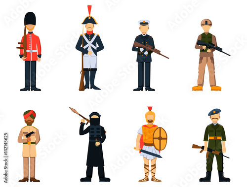 Military soldier character weapon symbols armor man silhouette forces design and american fighter ammunition navy camouflage sign vector illustration.