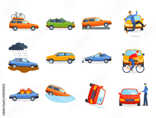 Car crash collision traffic insurance safety automobile emergency disaster and emergency disaster speed repair transport vector illustration.