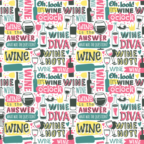 Wine hand drawn logo badge seamless patterns