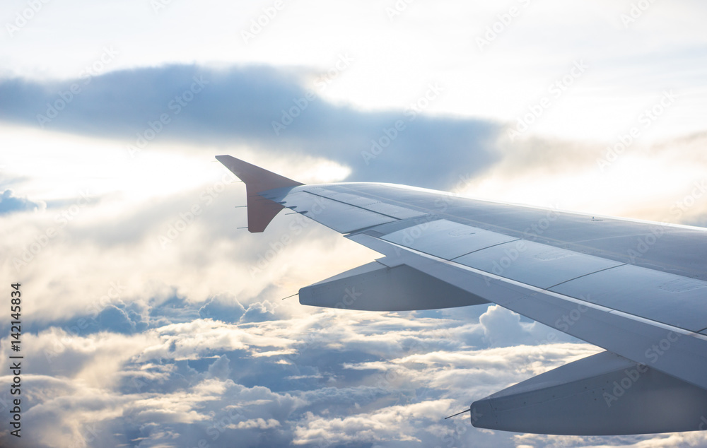 Fototapeta premium aerial top view from air plane flight high space with clear white cumulus cloud and cloudscape on blue sky