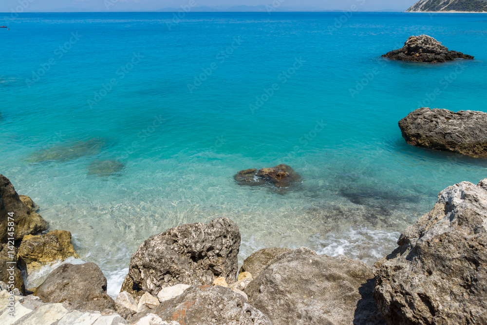 Panoramic view of Agios Nikitas Beach with blue waters, Lefkada, Ionian Islands, Greece