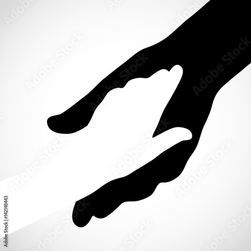 Black color big hand and white small hand concept. Help symbol hands support emblem. Hands icon illustration. Education, health care, medical, design element.