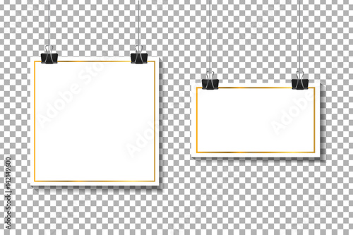 Vector realistic paper posters with golden stroke on the transparent background for decoration and corporate identity design.