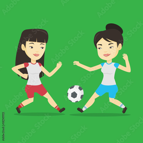 Two female soccer players fighting for ball.