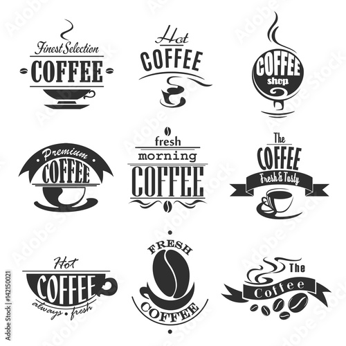 Cafe or coffeeshop icons of coffee cups and beans