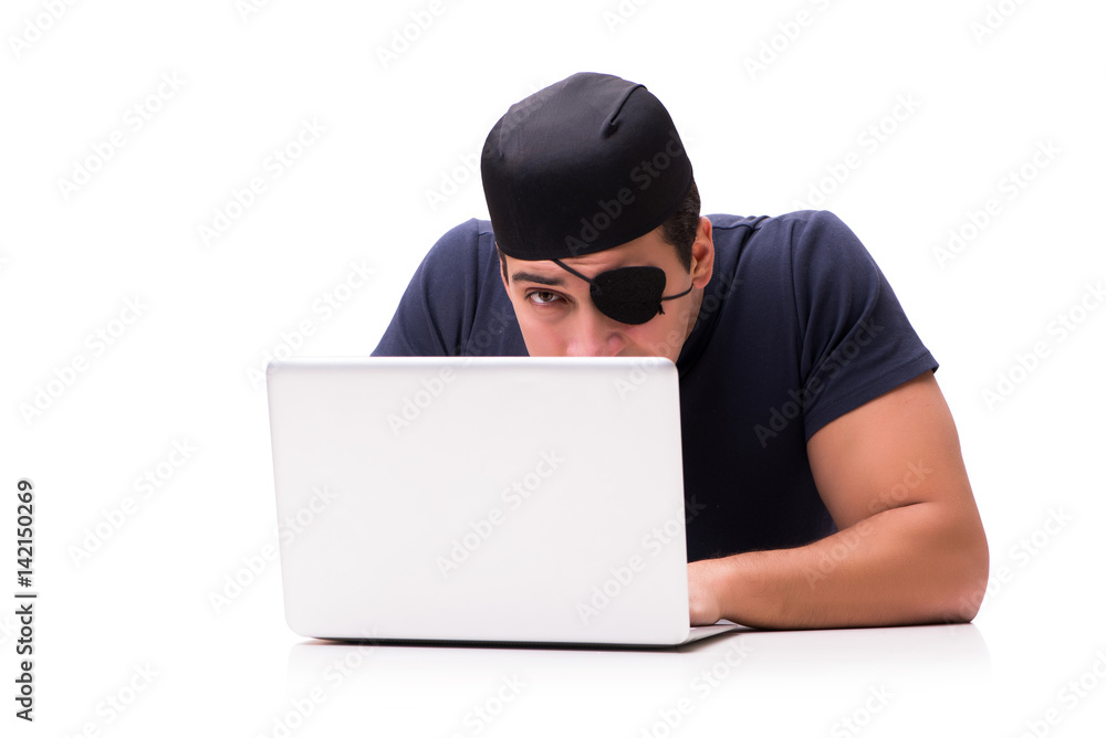 Digital security concept with pirate isolated on white Digital security concept with pirate isolated on white