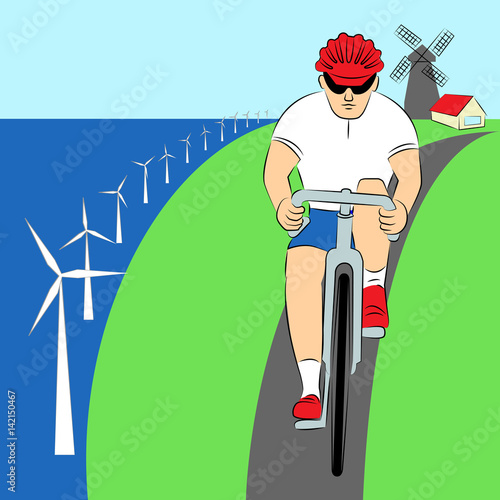 Netherlands. Low Countries. Cyclist, windmill, wind power station. Vector eps10 illustration.
