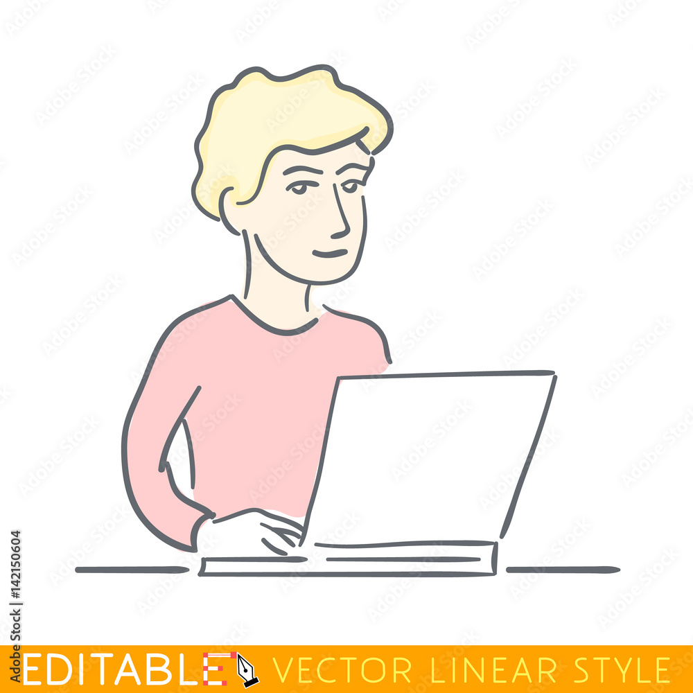 Student using laptop. Editable line sketch. Stock vector illustration. Student using laptop. Editable line sketch. Stock vector illustration.