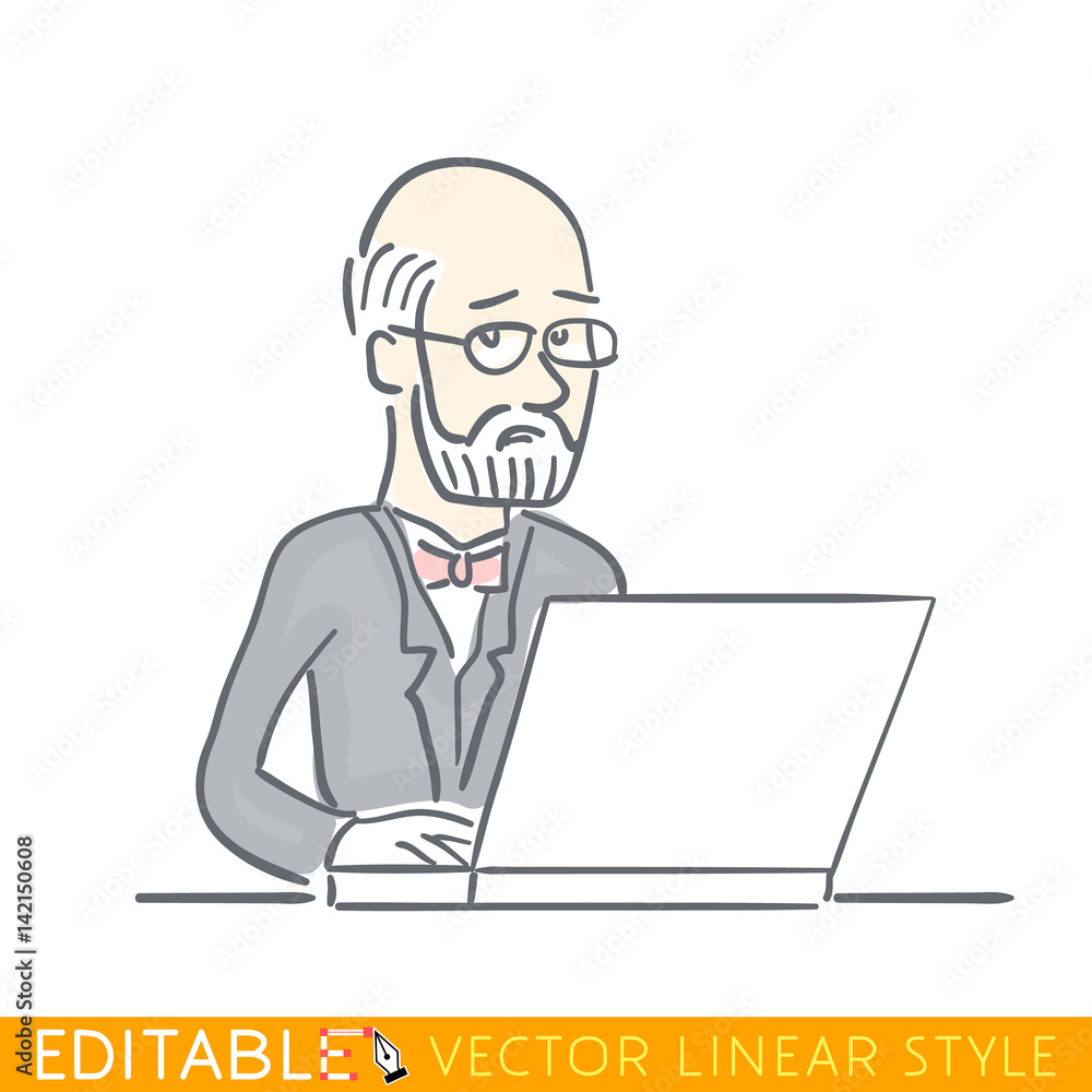 Old professor using laptop. Editable line sketch. Stock vector illustration. Old professor using laptop. Editable line sketch. Stock vector illustration.