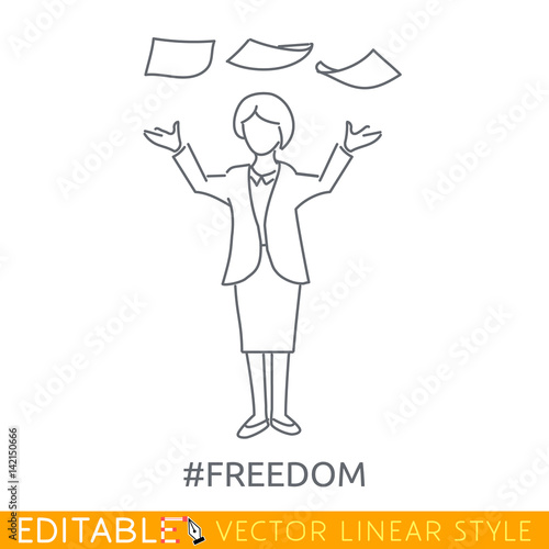 Businesswoman throwing documents. Freedom. Editable line sketch. Stock vector illustration.