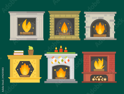 Flat style fireplace icon design house room warm christmas flame bright decoration coal furnace and comfortable warmth energy indoors vector illustration.