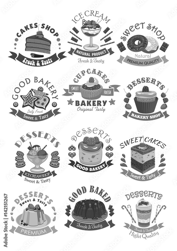 Bakery shop pastry and desserts vector icons