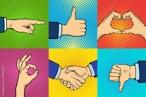 Hands showing deaf-mute different gestures human arm hold communication and direction design fist touch pop art style colorful vector illusstration.