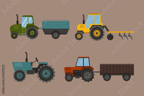Agriculture industrial farm equipment machinery tractor combine and excavator rural machinery corn car harvesting wheel vector illustration.